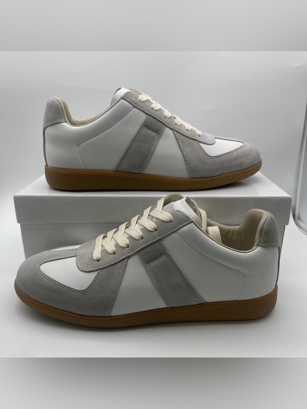 Maison Martin Margiela White Leather & Light Gray Suede Low-Top Sneakers